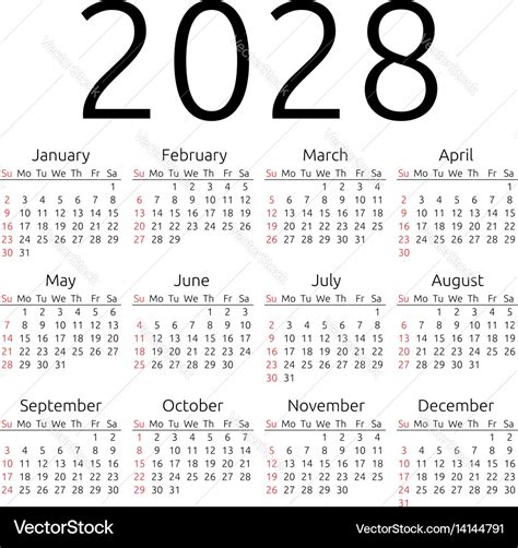 Calendar 2028 Sunday Royalty Free Vector Image
