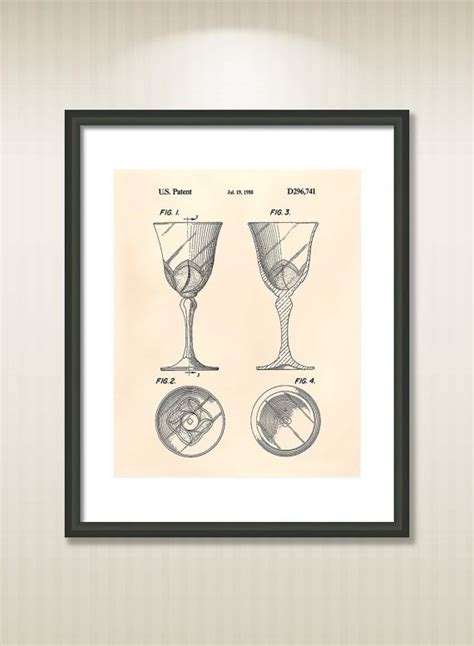 Wine Glass 1988 Patent Art Illustration Drawing Printable Instant Download Get 5 Colors