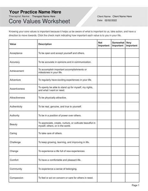 Identifying Core Values Worksheet Pdf Therapybypro