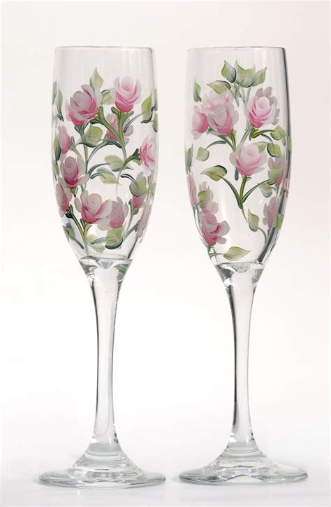 Pink Rosebud Champagne Flutes Set Of 2 Decorated Wine Glasses Hand Painted Wine Glasses
