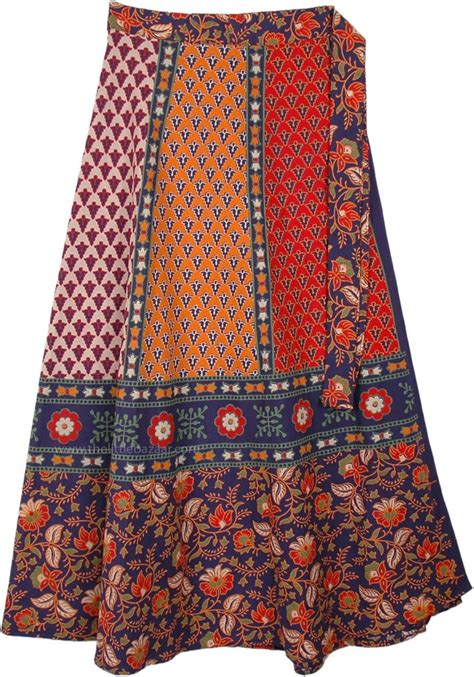 Ethnic Floral Blue Orange Cotton Wrap Skirt Blue Wrap Around Skirt