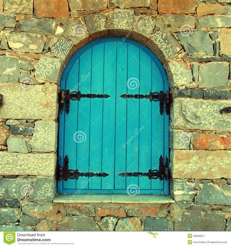 Vintage Window With Blue Close Shutters Crete Greece Stock Photo