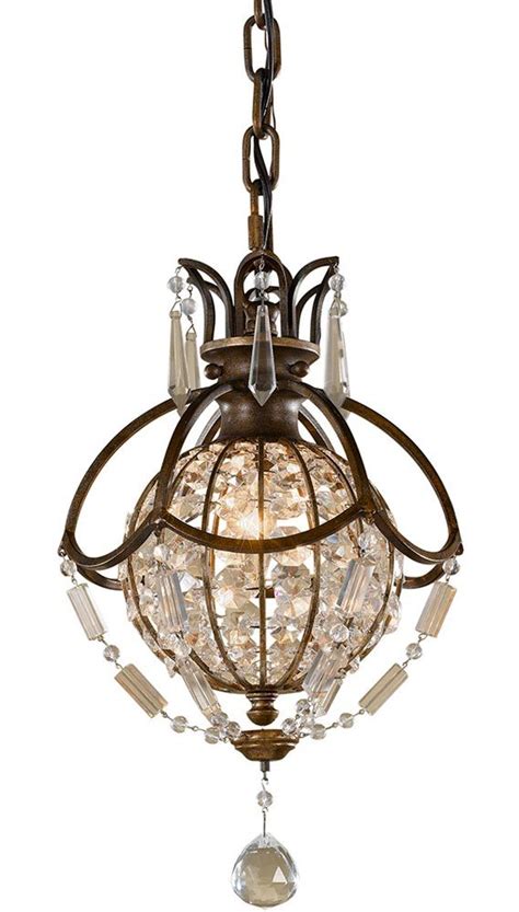The pendant light features a cascade of prismatic crystals suspended from an oil rubbed bronze frame. Feiss Bellini 1 Light Crystal Mini Pendant Globe Oxidised Bronze FE/BELLINI/P