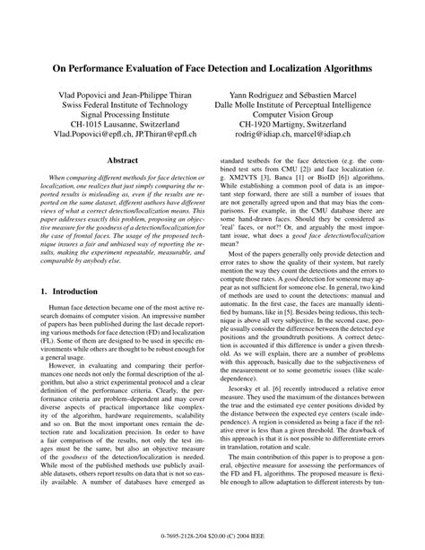 Pdf On Performance Evaluation Of Face Detection And Localization