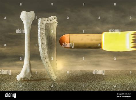 Human Thigh Bone Protecting By Shield From A Giant Bullet On Asphalt In Sunset Cloudy Day