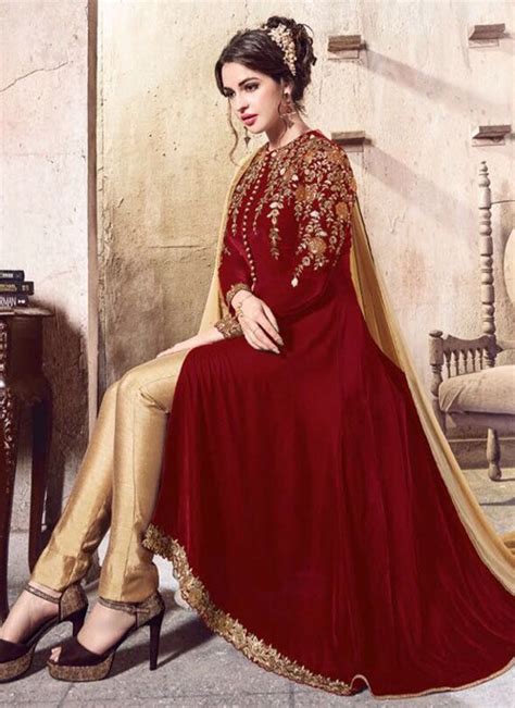 Red Velvet Pant Suit Salwar Kameez Designer Collection