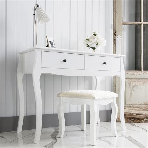Fresh white painted mdf 4 drawers bun turned feet ample storage space easy self assembly dimensions: Camille Dressing Table and Stool in Classic White | Noa an Nani