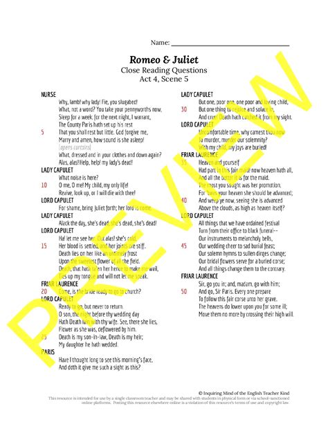Romeo And Juliet Act 4 Scene 5 Close Reading Worksheet Teaching Resources