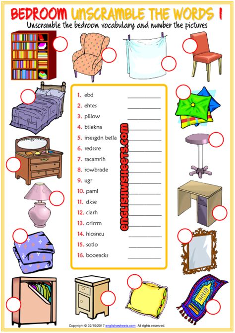Useful names of things in the bedroom with examples and pictures. Bedroom Objects ESL Unscramble the Words Worksheets