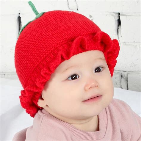 0 12 Months Infant Baby Strawberry Knitted Baby Wool Hat Baby Autumn