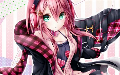 Download 1920x1200 Wallpaper Green Eyes Cute Anime Girl Pink Hair Original Widescreen 1610