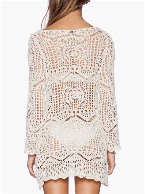 White Crochet Cover Up Sheer Long Sleeve Beach Bathing Suit