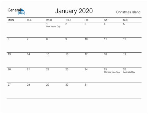 Printable January 2020 Monthly Calendar With Holidays For Christmas Island