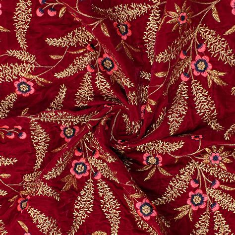 Buy Dark Red Golden And Pink Flower Pattern Velvet Embroidery Fabric 60212