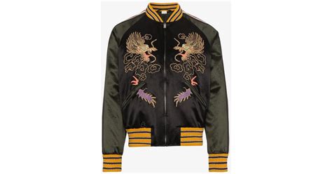 Gucci Synthetic Gg Embroidered Dragon Bomber Jacket In Black For Men Lyst