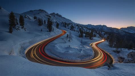 Wallpaper Curved Road Snow Winter Time Lapse