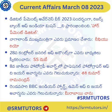Daily Current Affairs March 08 2023 In Telugu SRMTUTORS