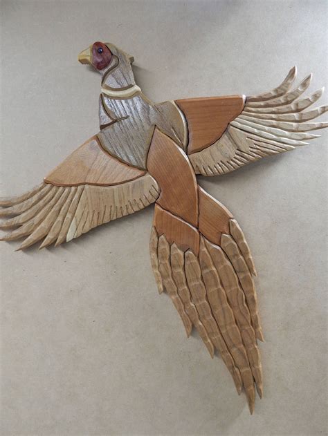 Flying Pheasant Wood Intarsia Wall Hanging Handcrafted Scroll Saw Art