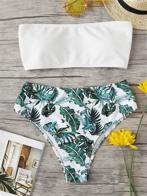 Shein Bandeau With Tropical Print High Waisted Bikini Set Swimsuits