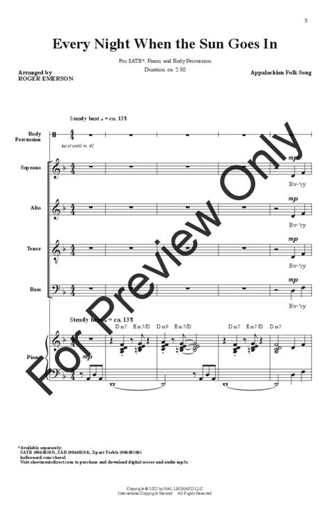 Every Night When The Sun Goes In SATB Arr J W Pepper Sheet Music