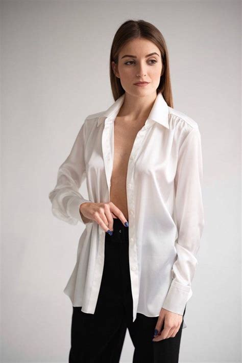Women Silk Shirt In White Stretch Silk Cream Silk Blouse Long Sleeve Blouse Womens Button Down