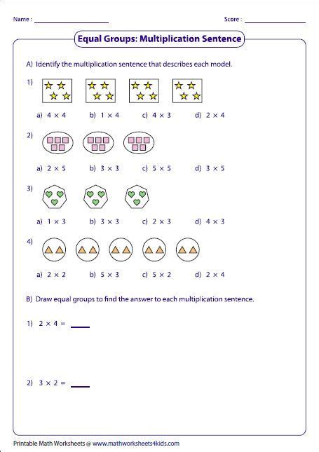 Equal groups & Multiplication Sentences | Multiplication worksheets