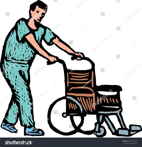 Vector Illustration Of Hospital Orderly Or Nurse Pushing A Wheelchair