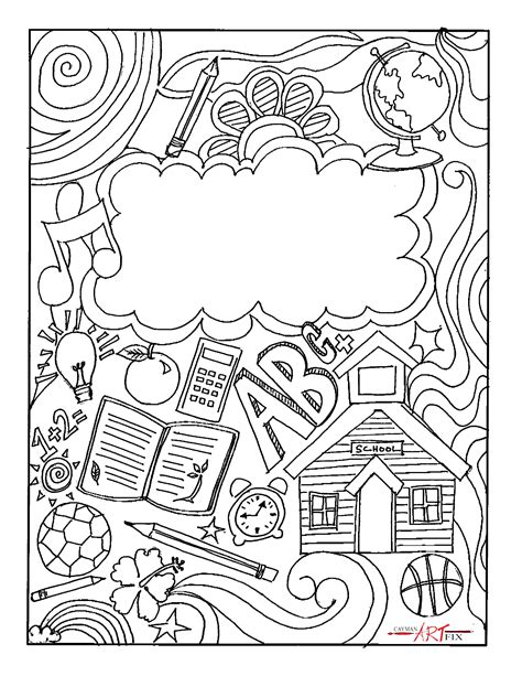 A Coloring Page With An Image Of School Supplies In The Sky And Clouds