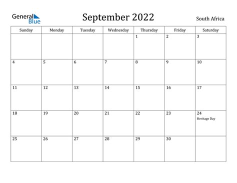 South Africa September 2022 Calendar With Holidays