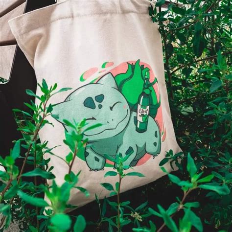 Made A Tote Bag Using My Art Of Bulbasaur Holding A Bottle Of Soju 🌿