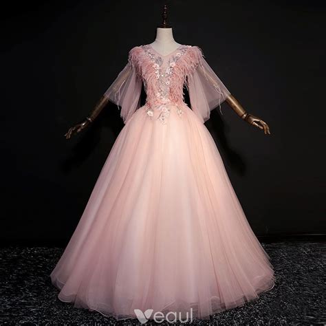 Elegant Pearl Pink Prom Dresses 2018 Ball Gown Lace Appliques Pearl