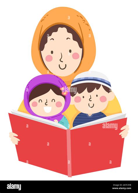 Illustration Of Kids Wearing Hijab And Taqiyah Reading A Big Book Held