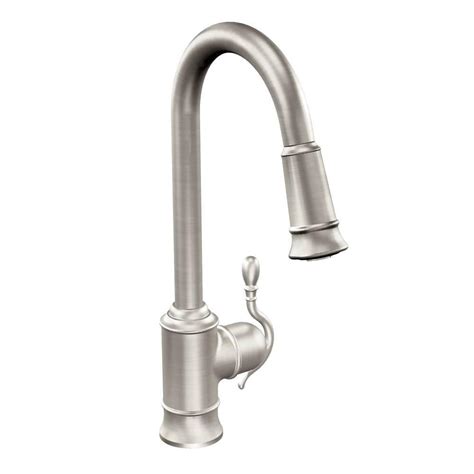 Faucet composed of stainless steel. MOEN Woodmere Single-Handle Pull-Down Sprayer Kitchen ...