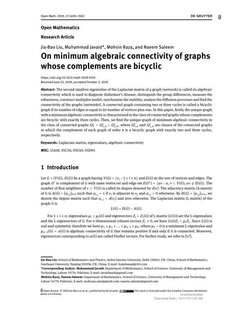 Pdf On Minimum Algebraic Connectivity Of Graphs Whose Complements Are