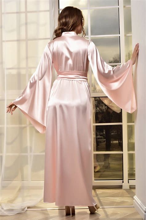 Long Pink Bridal Robe For Bride Maxi Satin Kimono Robe For Etsy Long