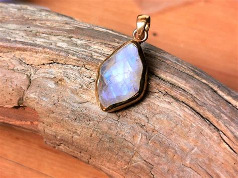 Raw Rainbow Moonstone Pendant K Gold Plated Silver With Chain