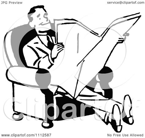 Clipart Retro Black And White Happy Man Reading A Newspaper Royalty