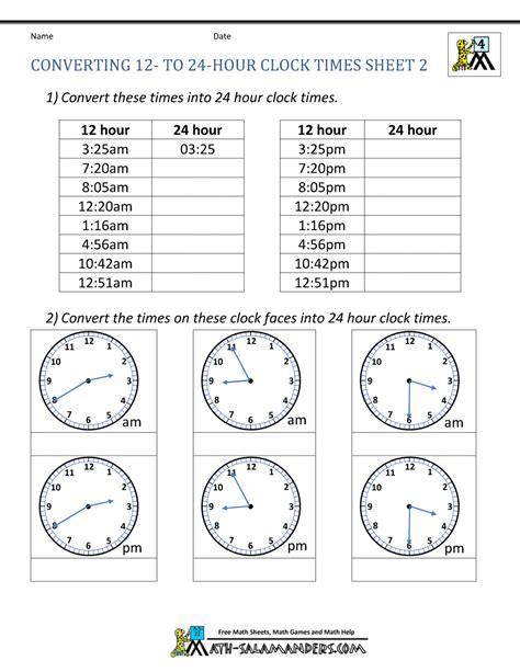 24 Hour Clock Worksheet