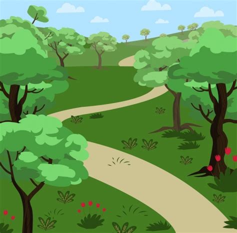 Natural Landscape Drawing Green Tree Pathway Icons Vectors Graphic Art