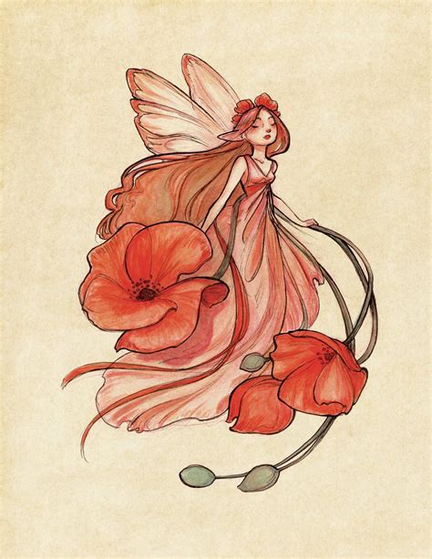 Midsummer Fairies Poppy Art Print Etsy Poppy Art Fairy Drawings