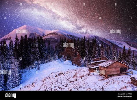 Magical Winter Snow Covered Trees And Mountain Village Winter