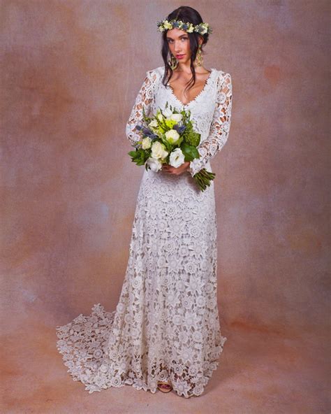 Brigette Crochet Lace Wedding Dress With Lace Long Sleeves Etsy