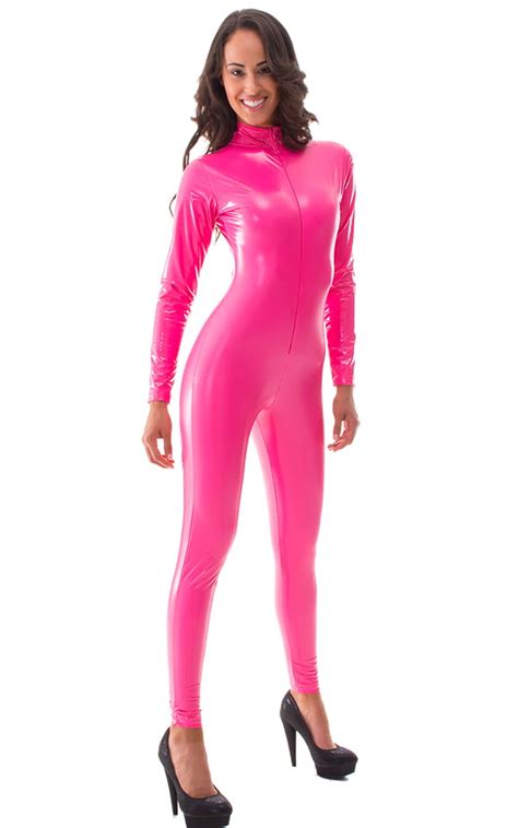 Front Zipper Catsuit Bodysuit In Gloss Hot Pink Stretch Vinyl