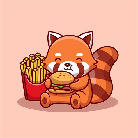 Cute Red Panda Eating Burger With Fries Cartoon Vector Icon