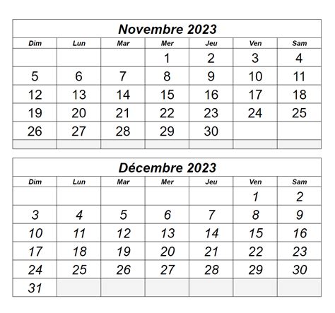 Calendrier Novembre Et Décembre 2023 Modèles Avec Vacances
