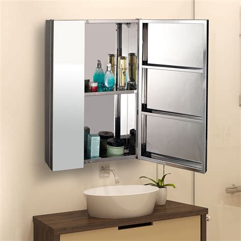 Homcom Stainless Steel Bathroom Double Doors Mirror Storage Cabinet