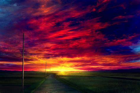 Download 1920x1080 Anime Landscape Sunset Red Sky Realistic Field