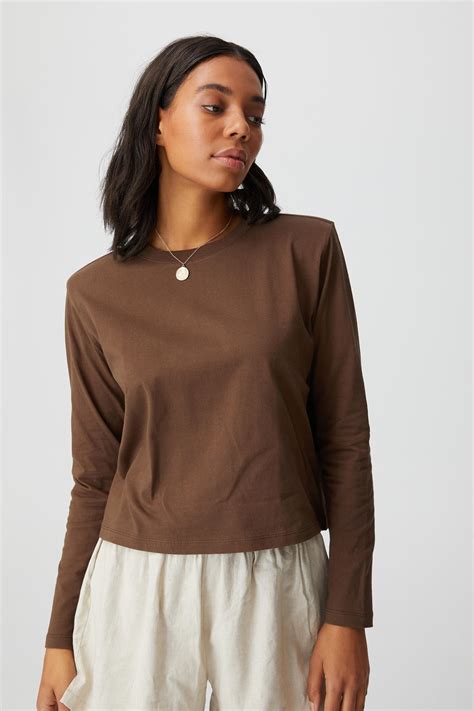 Padded Shoulder Long Sleeve Top Brown Cotton On T Shirts Vests