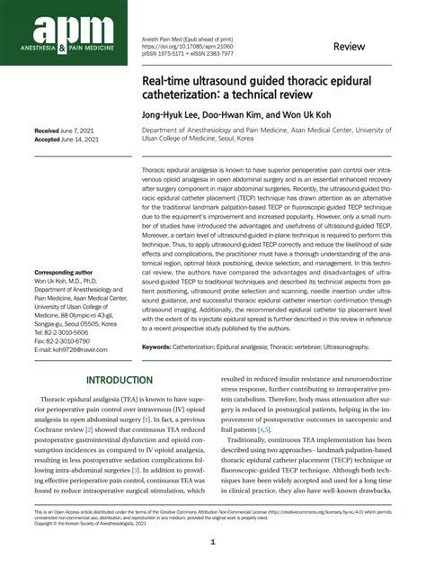 Pdf Real Time Ultrasound Guided Thoracic Epidural Catheterization A