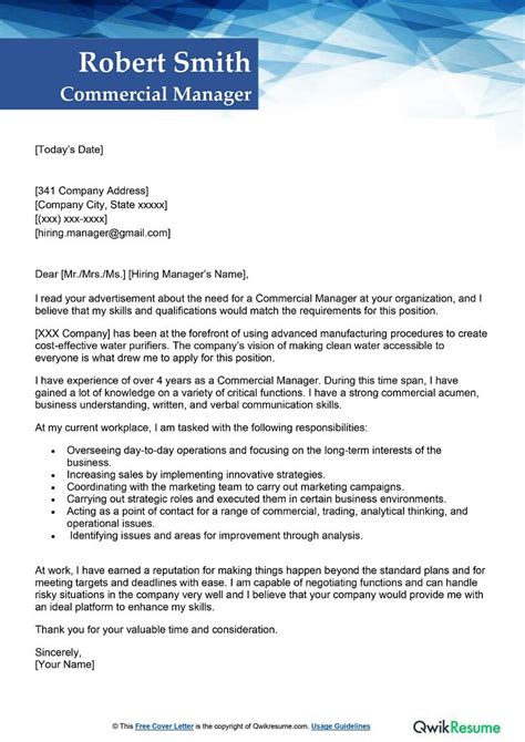 Commercial Manager Cover Letter Examples Qwikresume